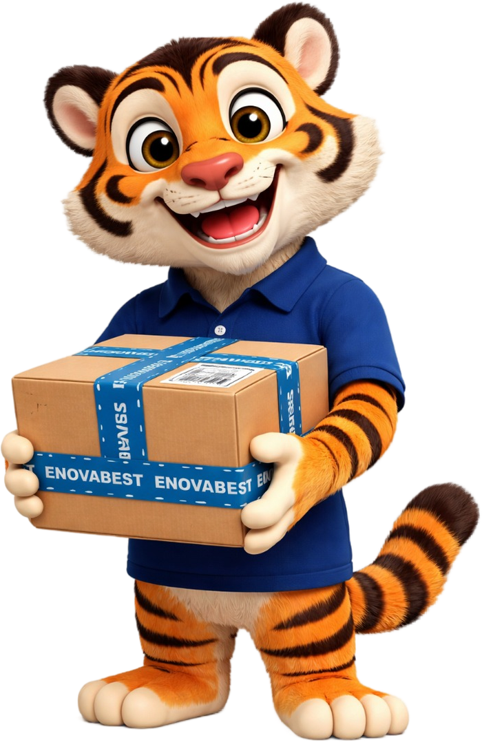 Mascota de Enovabest cargando una caja de pedido